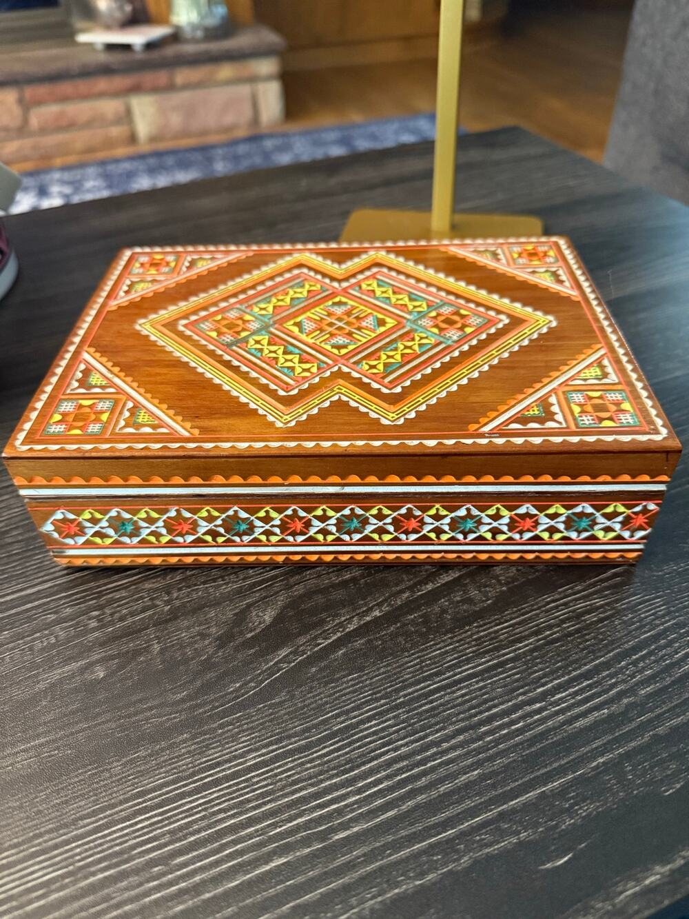 Vintage Ukrainian Hutsul Hand Carved Wooden Jewelry Trinket Box Folk Art